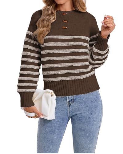 Women Long Sleeve Cozy Winter Fall Striped Sweater Ladies 2025 Trendy Cropped Lightweight Knit Button Crewneck Tunic Pullover Tops Sweaters Brown Chocolate Medium YG061 Coffee M