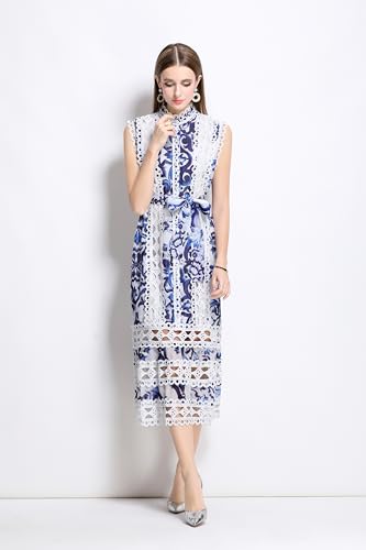 Image of LAI MENG FIVE CATS Women's Sleeveless Hollow Out Lace Button Up Casual Midi Party Dress with Belt