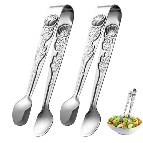 JYTDBCS Sugar Tongs, U Shaped Ice Tongs Stainless Steel Mini Serving Tongs - 4Inch Rose Sugar Cube Tongs for Tea Party, Coffee, Appetizers, Desserts Kitchen Tools(Silver)