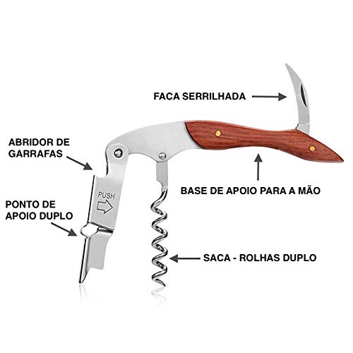 Saca Rolha Inox Dois Estágios Cabo De Madeira