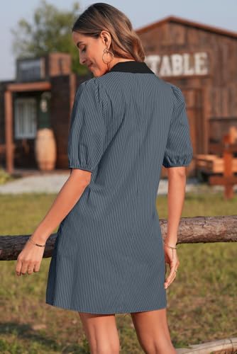 Image of AlvaQ Women Dress Summer 2025 Casual V Neck Short Sleeve Button Down Striped Tunic Dresses with Pockets