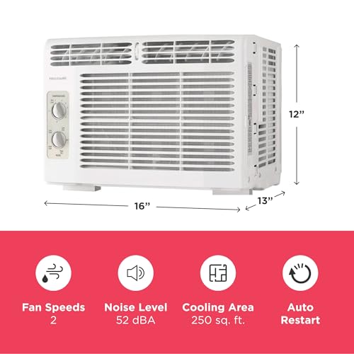 Frigidaire 5,000 BTU Window-Mounted Air Conditioner, Cools Up to 150 Sq. Ft., Quiet Operation, Effortless Temperature Control, 2 Fan Speeds, Auto Restart, White