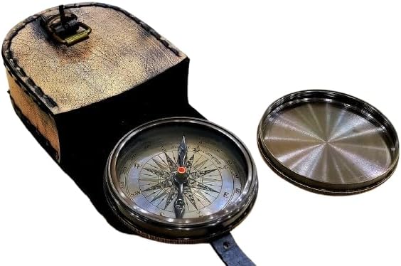 Engraved Compass Gift for Men – Vintage Brass Pocket Compass for Hiking, Adventure, and Travel – Antique Finish with Leather Case – Moon & Stars, or Road Design – Gift for Dad, Husband, or Son