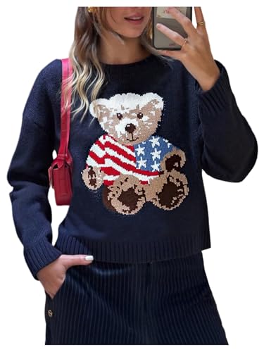 GORGLITTER Womens Bear Cropped Sweater Cute Long Sleeve Knitted Fall Trendy Dressy Chunky Cozy Pullovers Dark Blue X-Large