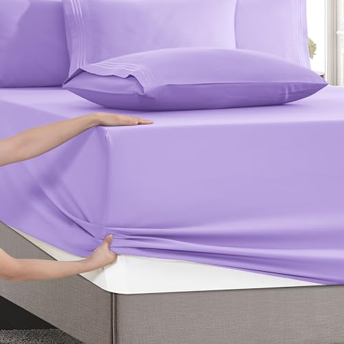 Image of Mocassi Luxury 6-Piece Sheet Set, Ultra Soft 1800 Premium Hotel Quality Microfiber Sheet Set, Fits Mattresses Up to 18 to 24 Inches Extra Deep Pocket - Breathable and Secure Fit, Full, Lavender