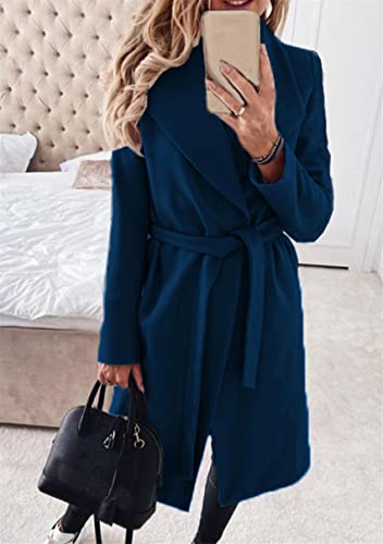 YMING Womens Winter Wide Lapel Trench Coat Wool Blend Belted Jackets Solid Color Wrap Long Coats2