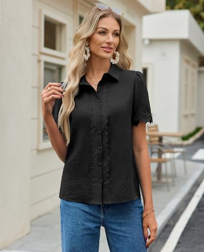 Image of siliteelon Womens Summer Button Down Lace Blouses Lapel Trim Dress Casual Shirts 2026 Fashion Business Short Sleeve Tops