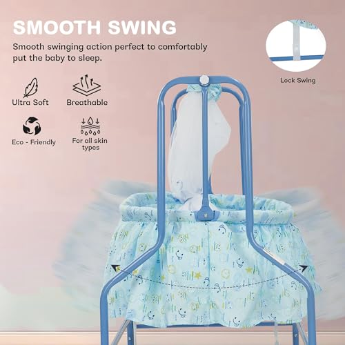 Image of BAYBEE Clora Baby Cradle and Swing with Mosquito Net (Enchant Lite Blue) | Jhula Palna for Newborns | 360 Rotating Lockable Wheels & Storage Basket