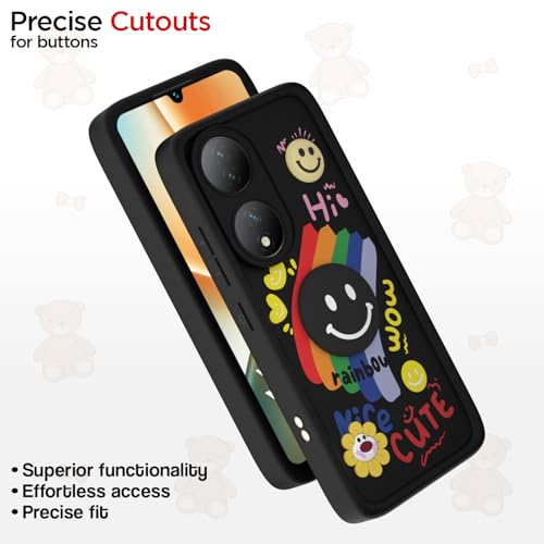 Image of Pikkme Back Cover for Vivo Y100 5G | Soft Silicone| Cute Rainbow Smile & 3D Cartoon Flower Design | Shockproof Raised Camera Protection Bumper Case (Black)
