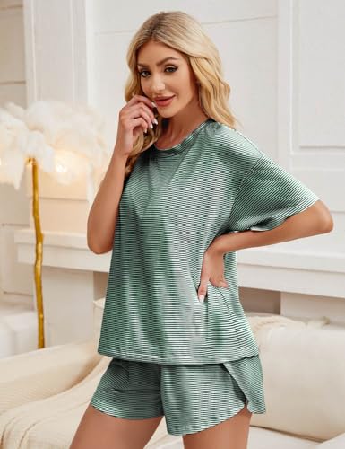 Image of JUSTFASHIONNOW Womens Pajama Sets Shorts Striped Print Two Piece Lounge Sets Crew Neck Sleepwear Split Shorts Set Soft Pjs