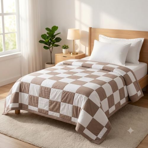 Image of Single Bed Dohar Elegant Beige Check | Lightweight Summer Quilt | Soft Microfiber AC Blanket | Breathable All Season Comforter | Skin Friendly Bed Cover
