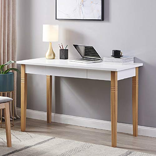 Mixcept 47inch Writing Computer Desk Solid Wood Leg Study and Strong Easy Assembly with 1 Drawer, Laptop in Home and Office, White
