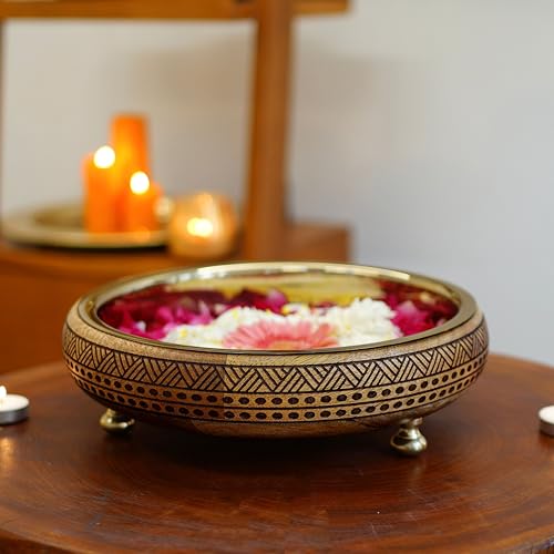 Image of BEHOMA Wood & Metal Urli Tray, 12 inch, Mocha Brown | Wood & metal urli tray in mocha brown, 12 inch; ideal festive gift for Durga Puja & Navratri decor, 1L.