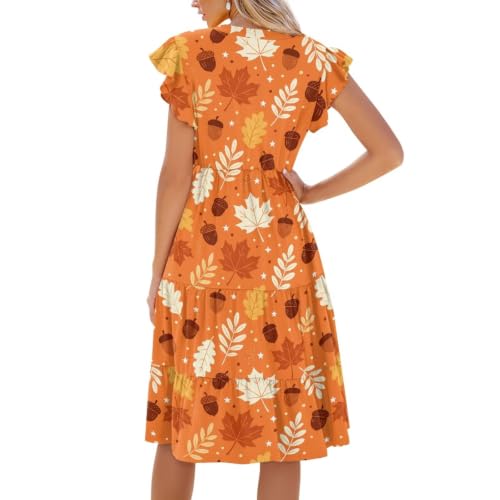 Image of Womens Summer Dress Ruffle Sleeve V Neck Dress Casual Fit Flowy Beach Vacation Sundress with Pocket S-2XL