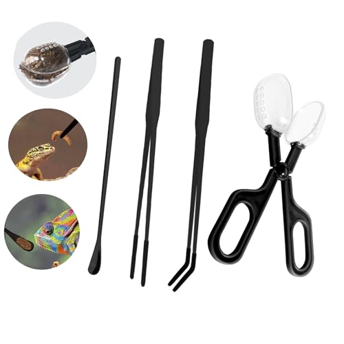4-Piece Reptile Feeder Set, 2 Pieces Tweezers Extra Long Stainless Steel Straight and Curved Tweezers with Rubber Tip