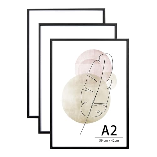 KAIWIN A2 Picture Frame Black Set of 3, Wooden Poster Frame, A2 Picture Frames for Wall Mounting Display for Home, Office,Gallery,Holiday with Photos, Posters, Puzzles