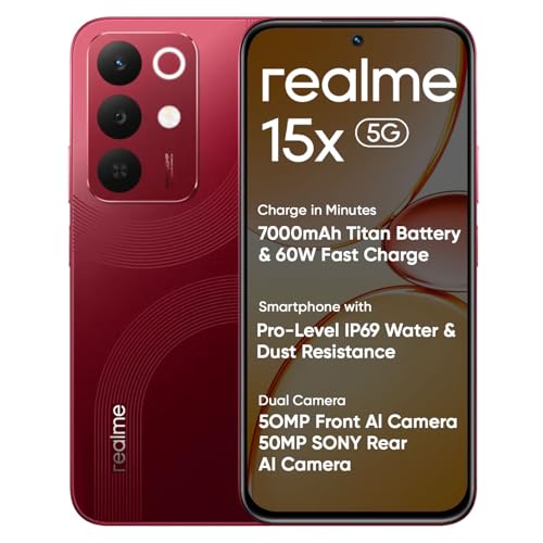 Image of realme 15X 5G Smartphone Maroon Red 8+128GB, 6.8-inch Screen, 144Hz Display,7000mAh Battery, 60W Fast Charging, 50+50MP AI Camera,Dimensity 6300 6nm Octa-core chipset Processor, IP69