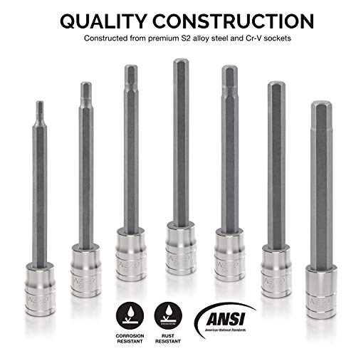 Neiko 10076A 3/8” Drive Extra Long Allen Hex Bit Socket Set, Metric, 3mm to 10mm | 7-Piece Set, S2 and Cr-V Steel