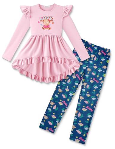 Image of Arshiner Toddler Girl Clothes Ruffle Trim Long Sleeve Pullover Top and Floral Print Leggings Fall Outfits Kids Clothing Sets