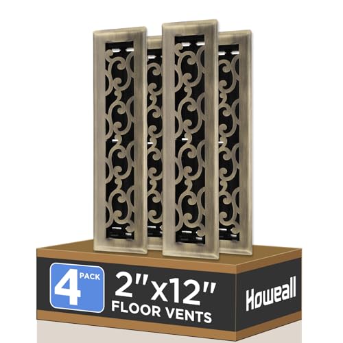 Howeall 2x12 Inches 4 Pack Heavy Duty Walkable Floor Register - Easy Adjust Air Supply Lever Decorative Floor Vent Covers, Savannah Design Vent Covers for Home - Antique Brass