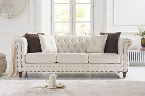Image of Modern and Stylish 3 Seater Chesterfield Luxury Sofa with Valvet and Fabric Comfortable Sofa for Living Room, Dining Room, Hallway, and Office-(White).