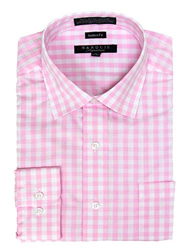 Marquis Men's Pink Gingham Checkered Long Sleeve Modern Fit Shirt