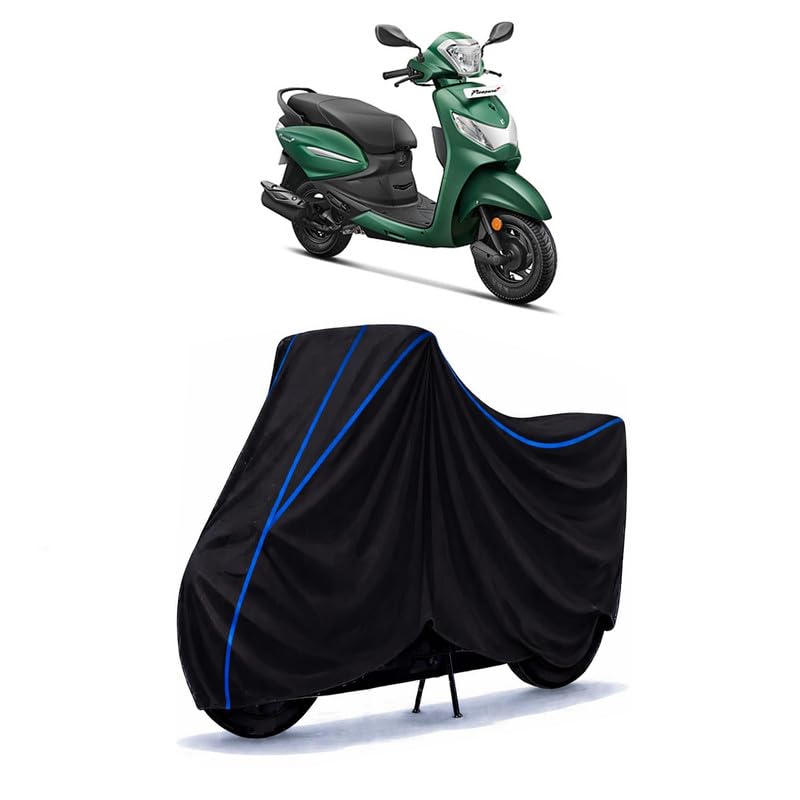 Image of Scooty Cover Water Resistant for Pleasure Plus 110 | Universal Scooter & Bike Cover | Heavy Duty UV Dust, Rain & Scratch Protection | Elastic Fit All Weather Indoor Outdoor | Black with Blue Piping