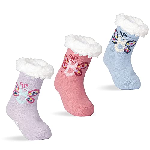 Fuzzy Slippers Socks Kids Baby Toddler Girls Fluffy Sherpa Fleece Wool Lined Non Slip Grippers Grip Anti Skid Winter Cabin Cozy Warm Soft Thermal Organic Cotton Butterfly, Gifts for Children