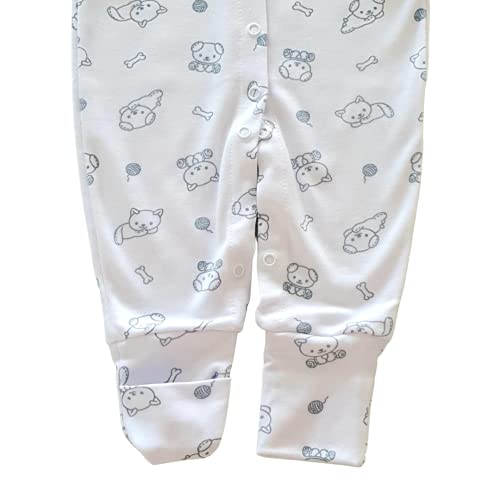 Macacão Pijaminha Estampado Vira Pé Suedine (RN, Branco Gatinho Cachorrinho)