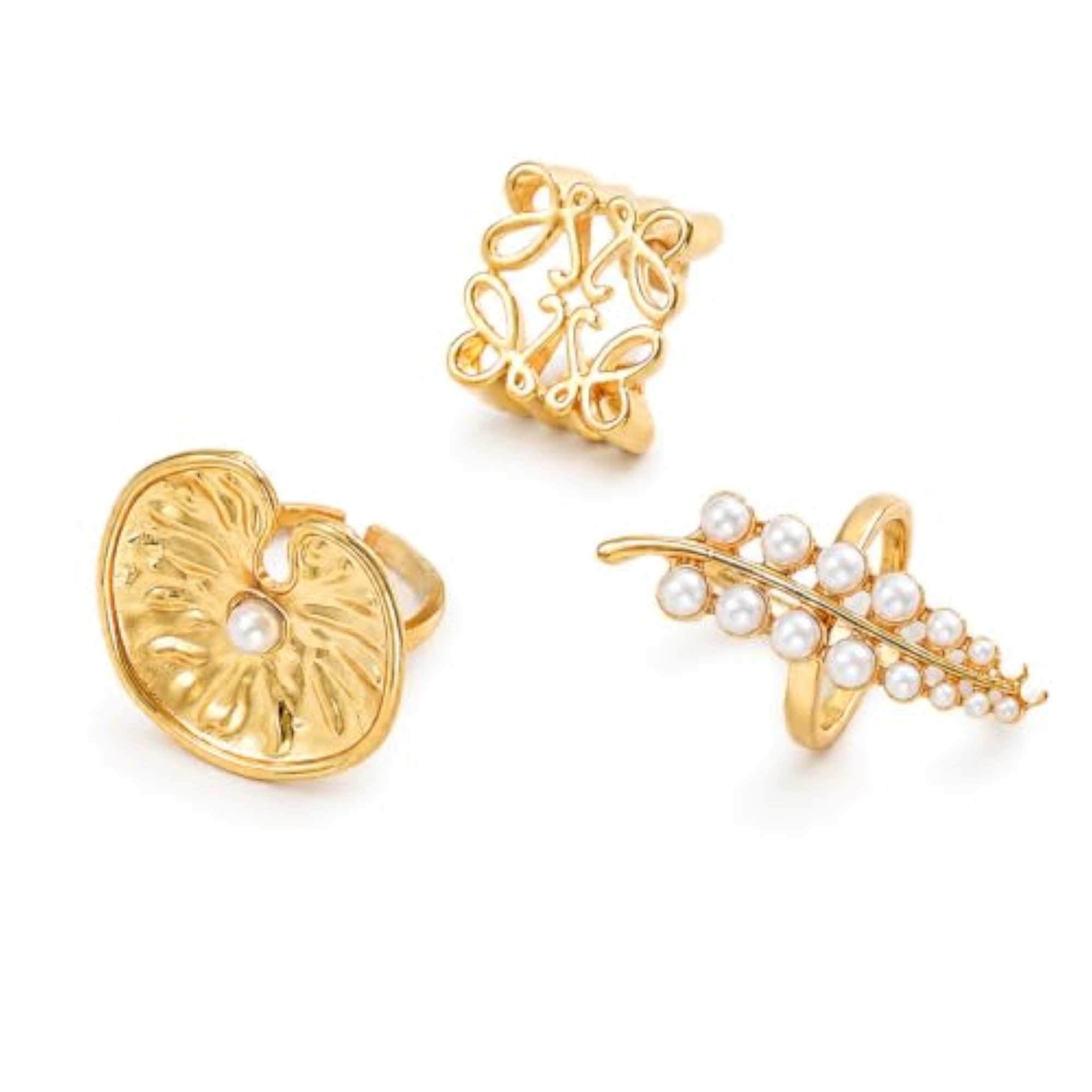 Women's Gold Plated 3pc Pearl Leaf & Bow Stackable Ring Set