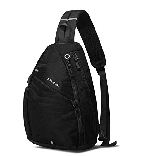 TITECOUGO Black Sports Men 1 Sling Backpack Breathable Lightweight Chest Bag Leather Shoulder Bags Packs Day Pack Daypack Cross Body Crossbody for Women Men Waterproof Hiking Travel Bag