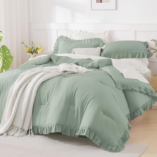 Image of Andency Sage Green Comforter Set Full, 3 Pieces Lightweight Soft Ruffle Bed Comforter, Farmhouse Rustic Fluffy Polyester Down Alternative Bedding Set (79x90Inch Comforter)