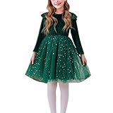 2026 Babygirl Velvet Ruffle Trim Dress Long Sleeve Splicing Mesh Sundress Sequin Party Holiday Pleated Dresses,Green,7 Years