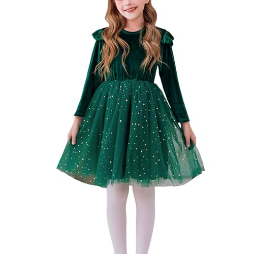 2026 Babygirl Velvet Ruffle Trim Dress Long Sleeve Splicing Mesh Sundress Sequin Party Holiday Pleated Dresses,Green,7 Years