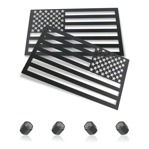 Image of 2PCS Universal Embossed 3D Metal All Black American Flag Emblem Decal Stickers, USA Car Military Patriotic Emblem + 4PCS American Flag Valve Stem Caps for Cars Trucks RV, SUV and More