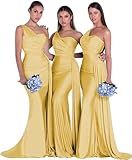raomiao Women's Long One Shoulder Mermaid Prom Dresses for Women 2022 Satin Formal Dresses with Train Evening Gowns Gold 16