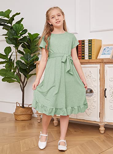 Mitilly Girls Summer Crewneck Short Sleeve A-Line Ruffle Casual Midi Dress With Pockets 12 Years Light Green #TOP2