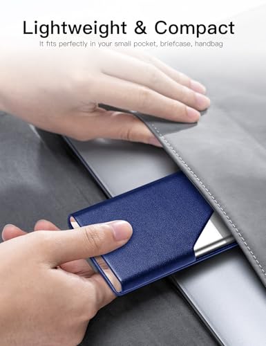 Image of Padike Business Card Holder, Upgraded Leather Business Card Case Pocket Card Holders for Men or Women, Metal Slim Name Card Holder RFID Blocking Business Card Carrier with Magnetic Closure(Blue)