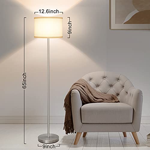 Floor Lamp For Living Room,Fully Dimmable Modern Standing Lamp With Pedal Switch Sliver Tall Pole Reading Light With White Drum Shade For Bedroom Study Room Office Led 8W Bulb Included #TOP1