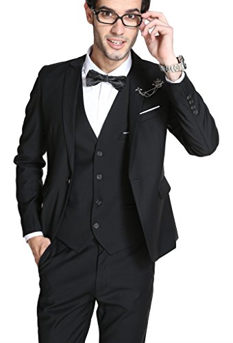 MOGU Mens Slim Fit 3 Piece Suit Blazer Jacket Pants and Vest Set US Size Blazer 30/Pants 29 Black