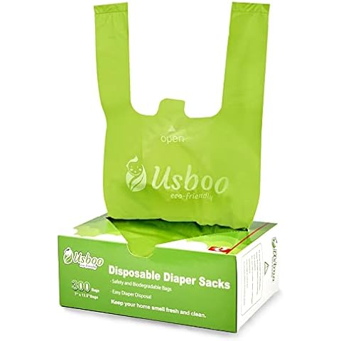 USBOO Baby Disposable Diaper Bags,300 Count Oxo-Biodegradable Diaper Sacks,Easy-Tie Handles,Diaper Disposal or Pet Waste Bags, Unscented Cover