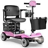 Foldable Mobility Scooter for Adults Elderly– 4-Wheel Portable Motorized Scooter with 330 lbs Capacity, Detachable Battery, Dual Baskets, Cup & Phone Holder, Pink
