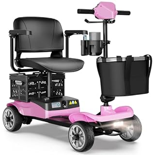 4-Wheel Mobility Scooter for Adults – Foldable Portable Motorized Scooters with 330lbs Capacity, Detachable Battery, Dual Baskets, Cup & Phone Holder, Pink