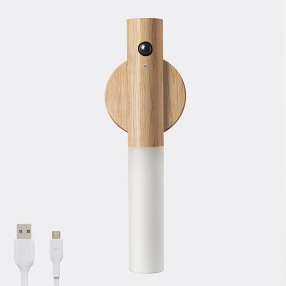 MOANATURA Luz Led con Sensor de Movimiento Adhesiva. Lámpara Led Sin Cable. Aplique Pared Interior Led Recargable con Sensor de Movimiento para Armario y Pared. Carga USB. Magnética. Madera (Pino)