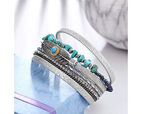 Fesciory Leopard Bracelet For Women, Boho Leather Wrap Multi-Layer Pearl Crystal Bracelet Bangle Jewelry(Feather) #TOP3