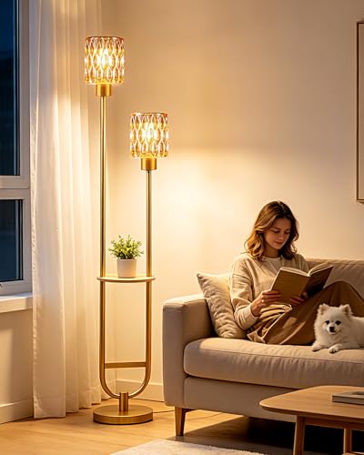 Image of Amber Glass Floor Lamp with Table Shelf, Modern Gold Standing Lamp, Tall Farmhouse Floor Lamp with Foot Switch & 3000K Warm White Bulb Included for Living Room Bedroom Home Office