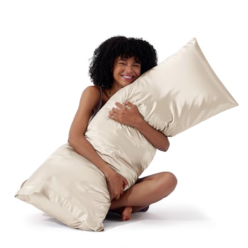 Image of Bedsure Body Pillow Cover 20x54 Inches - Beige Satin Similar to Silk Pillowcase for Hair and Skin, Cooling and Silky Long Body Pillow Pillowcase with Envelope Closure, Gifts for Women Men