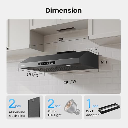 Image of VIKIO HOME 30 Inch Under Cabinet Range Hood 900 CFM, Dual Motor Powerful Kitchen Vent Hood, Gesture & Touch Control, Ultra Quiet DC Motor, Dishwasher-Safe Filters, LED Lights, Black