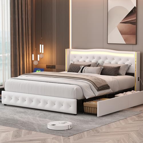 BRILVERDE Lit Double 140x200 avec sommier et Rangement, avec LED, Lit Coffre avec tête de lit et 4...