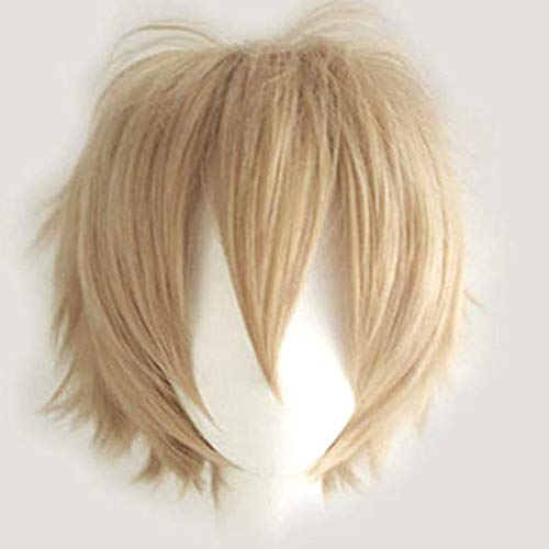 Silk-co - Peluca corta de anime con capas para Halloween, Navidad, carnaval, disfraz, para fiestas de juego, pelucas completas para mujeres y hombres (rubio de lino) Cover